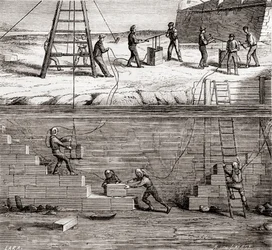 Workers in diving suits working on underwater constructions in the 19th century, from Les Merveilles de la Science, published c.1870